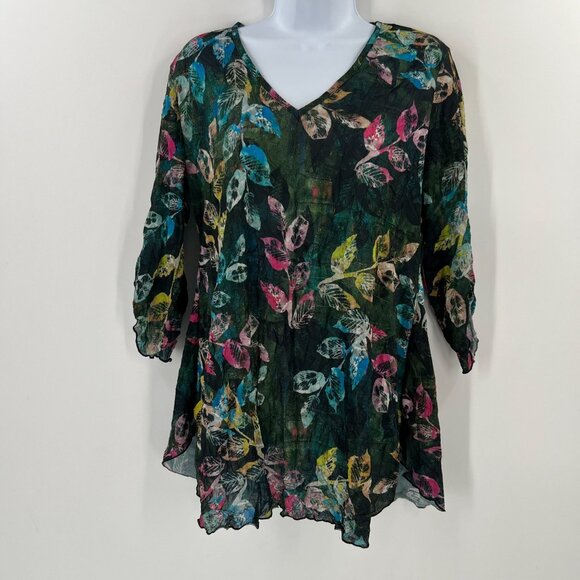 SnoSkins M Artsy Leaf Print Tunic Blouse V-Neck 3/4 Sleeve Textured Sheer USA - Picture 1 of 8
